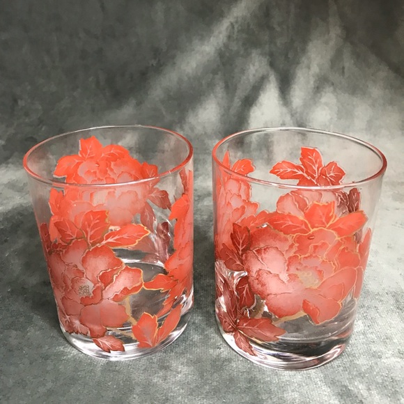 Retro Style Vintage Gold Trim Floral Design Old Fashioned Glasses Heavy Bottom - Picture 10 of 16